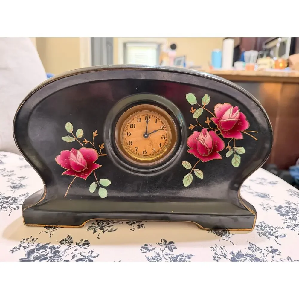 Vintage Winterton Ware Mantel Garniture 3pc Black Pink Rose Hand Painted England